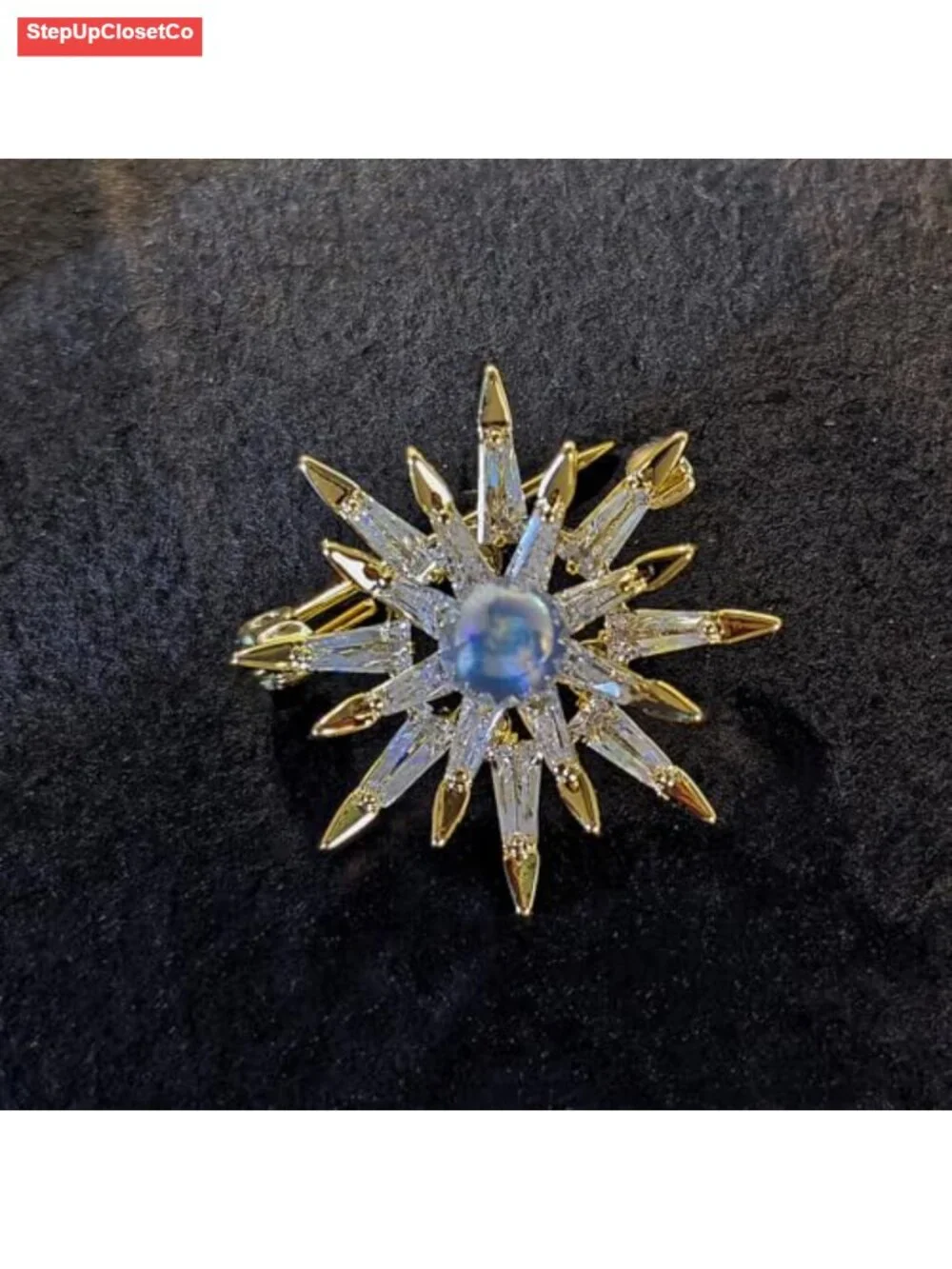 Sparkling Starburst Brooch Pin Double Layer Pearl CZ Gold Plated Punk Style 1